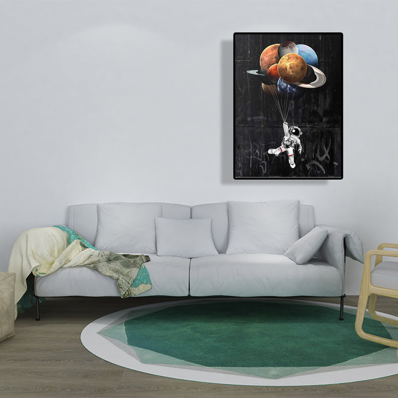 Black Universe Canvas Print Kids Style Spaceman with Planet Balloons Wall Art Decor