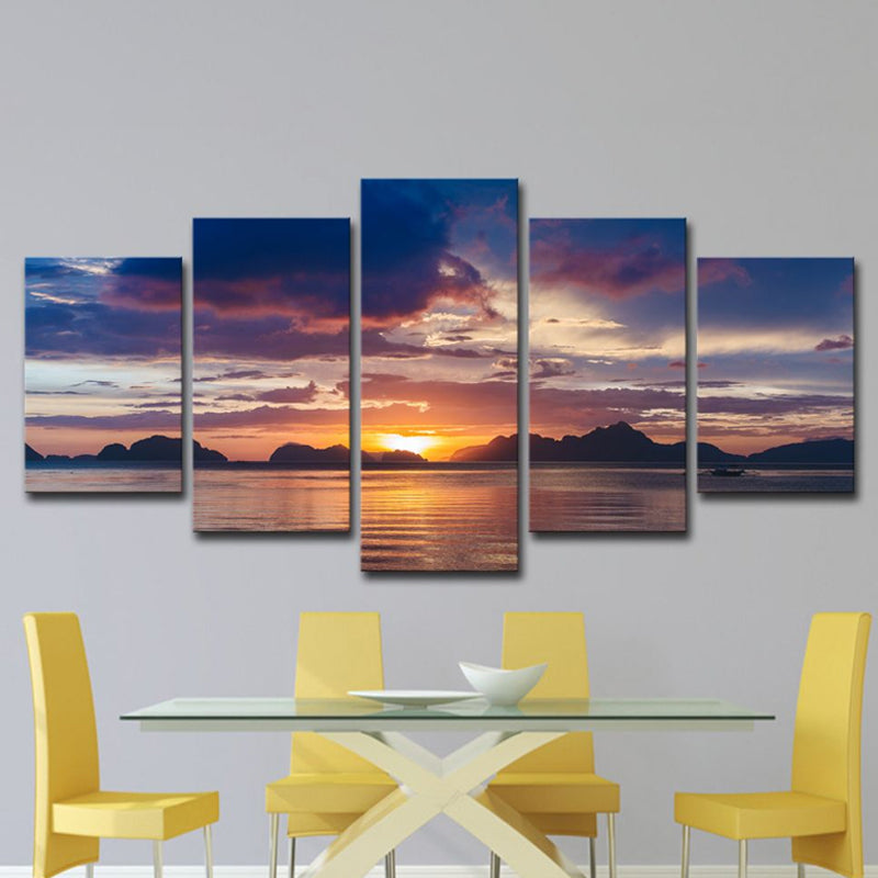Lake and Sunset Glow Canvas Print Contemporary Multi-Piece Wall Art in Purple for Room