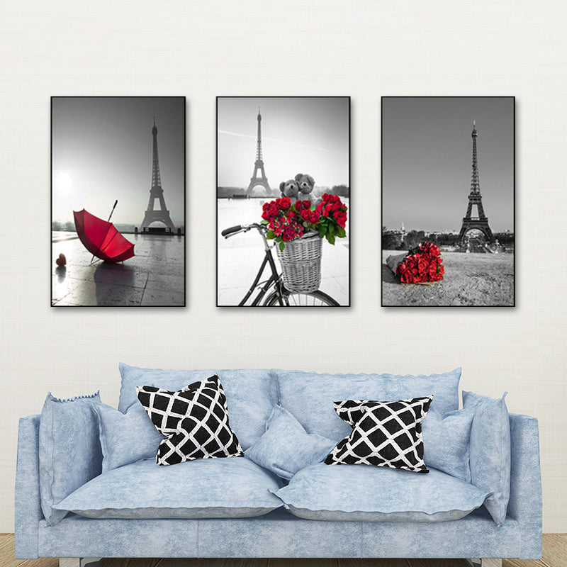Eiffel Tower Wall Art Set Modernism Stylish Landmark Canvas Print in Grey and Red