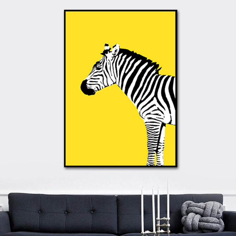 Childrens Art Zebra Canvas Living Room Wall Decoration in Black and White on Yellow