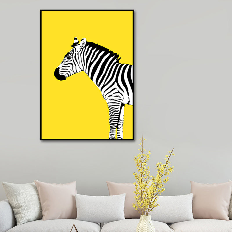 Childrens Art Zebra Canvas Living Room Wall Decoration in Black and White on Yellow