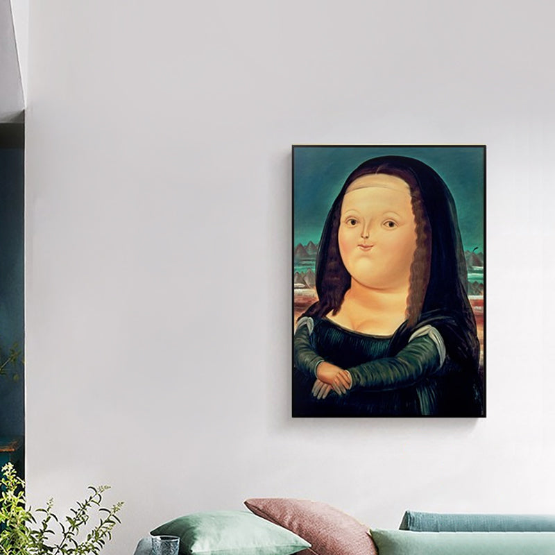 Mona Lisa Smile Canvas Art Cartoon Cute Figure Painting Wall Decor in Black and Blue