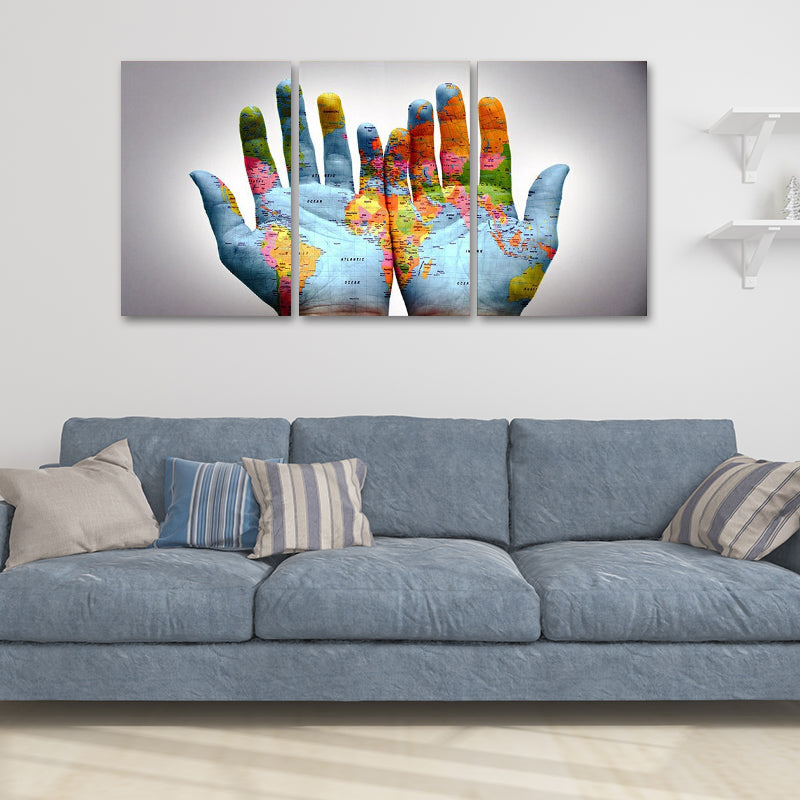 Photography World Map Hands Art Print for Meeting Room, Blue and White, Set of 3