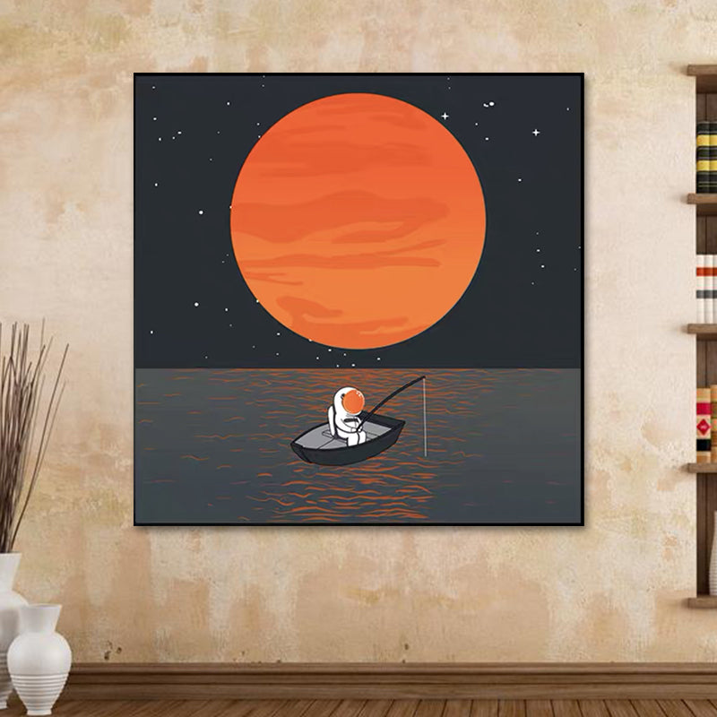 Moon Landing Astronaut Wall Decor Childrens Art Textured Canvas Print for Bedroom
