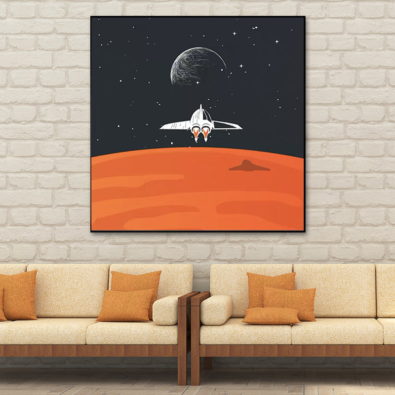 Outer Space Adventure Canvas Childrens Art Cute Cartoon Wall Decor in Dark Color