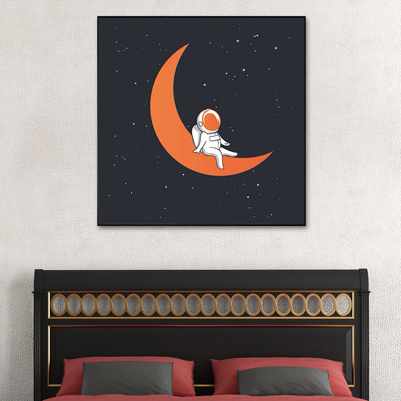 Outer Space Adventure Canvas Childrens Art Cute Cartoon Wall Decor in Dark Color