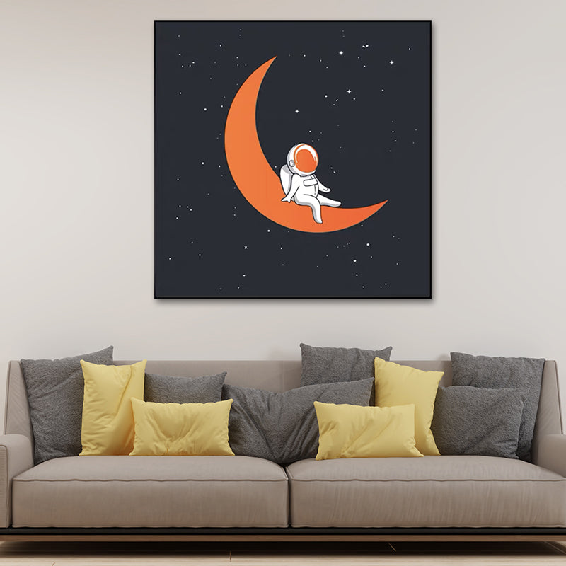 Outer Space Adventure Canvas Childrens Art Cute Cartoon Wall Decor in Dark Color
