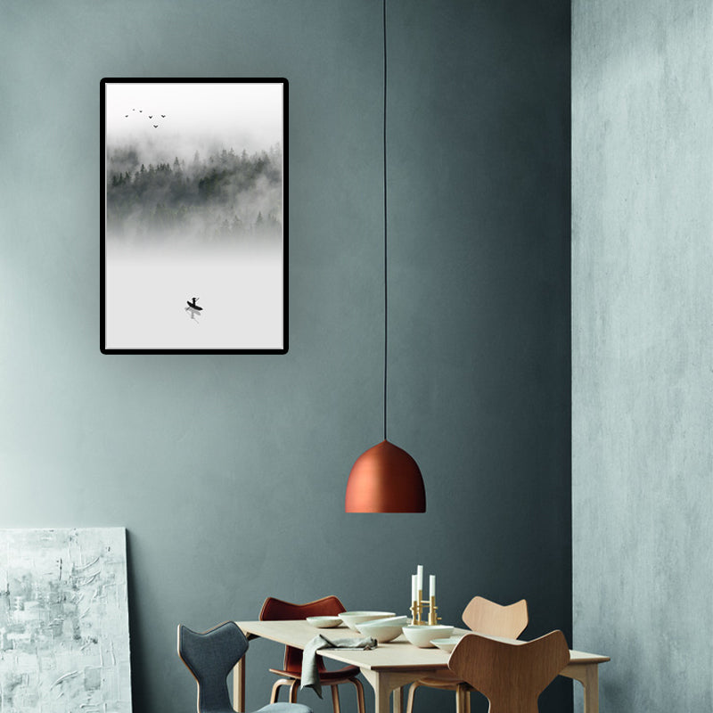 Light-Color Asian Wall Art Boat Floats on Lake by the Foggy Forest Canvas Print for Dining Room