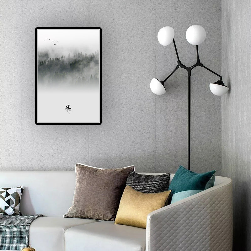 Light-Color Asian Wall Art Boat Floats on Lake by the Foggy Forest Canvas Print for Dining Room