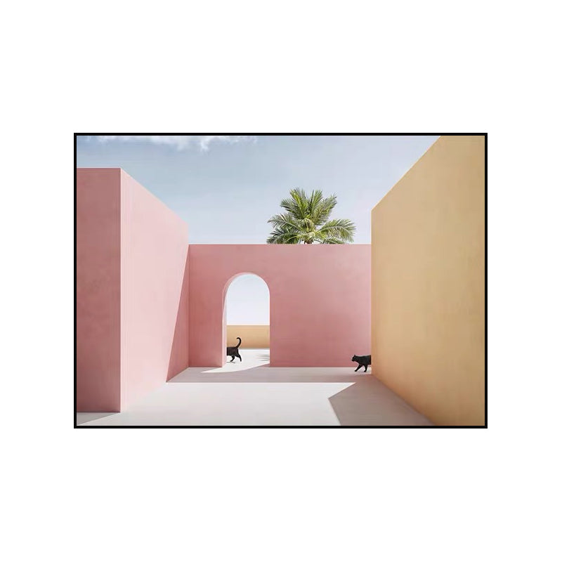 Courtyard Cat Wall Art Print Modern Aesthetic Architecture Canvas Print in Soft Color