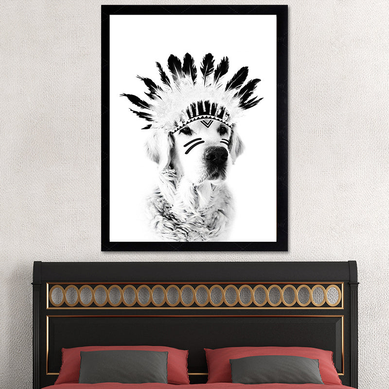 Indian Dog Pet Canvas Farmhouse Textured Wall Art in Black and White for Kids Room