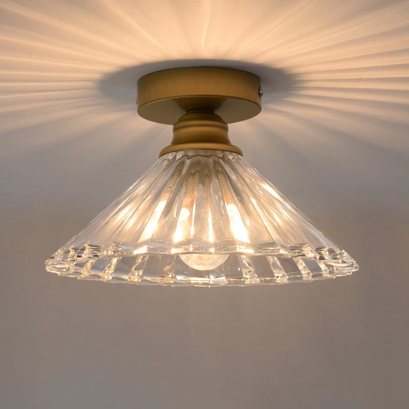 Traditional Tapered Ceiling Light Single Head Clear Ridged Glass Flush Mount Lamp in Brass