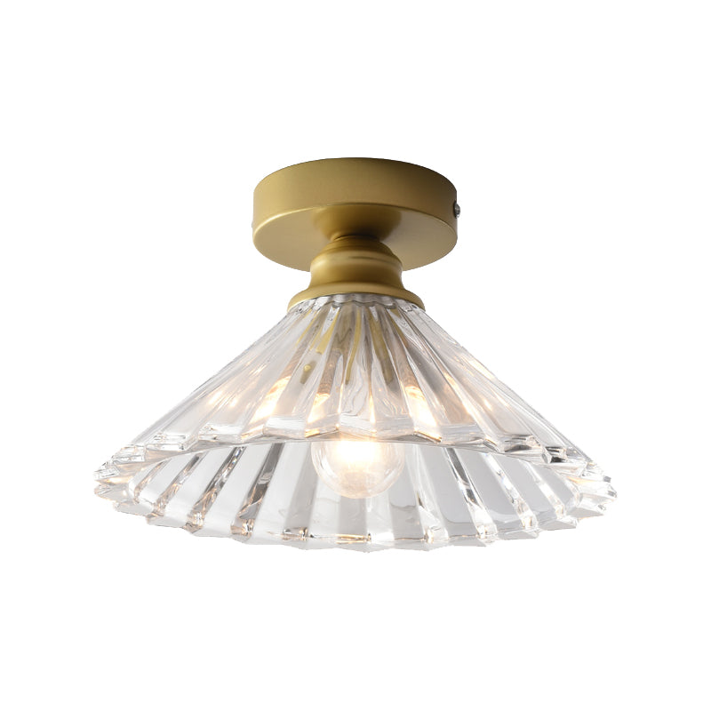 Traditional Tapered Ceiling Light Single Head Clear Ridged Glass Flush Mount Lamp in Brass