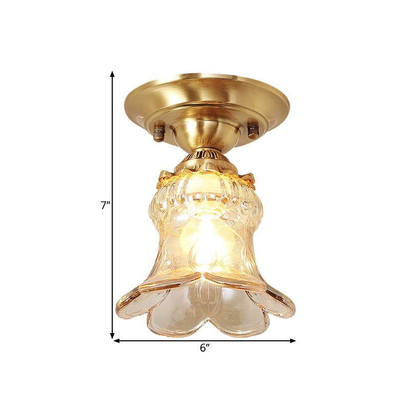 Amber Glass Brass Flush Mount Lamp Flower Single Light Retro Style Ceiling Fixture
