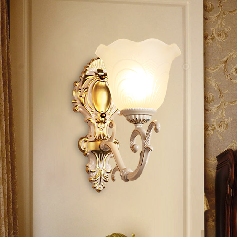 1 Light Bloom Sconce Lamp Vintage Brass/Beige Frosted Ribbed Glass Wall Mounted Lighting with Curvy Arm
