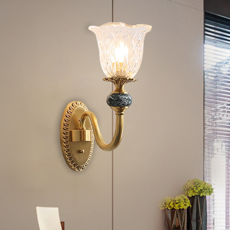 Floral Dining Room Wall Sconce Farmhouse Clear Ribbed Glass 6"/17" W 2 Lights Brass Wall Mounted Lighting