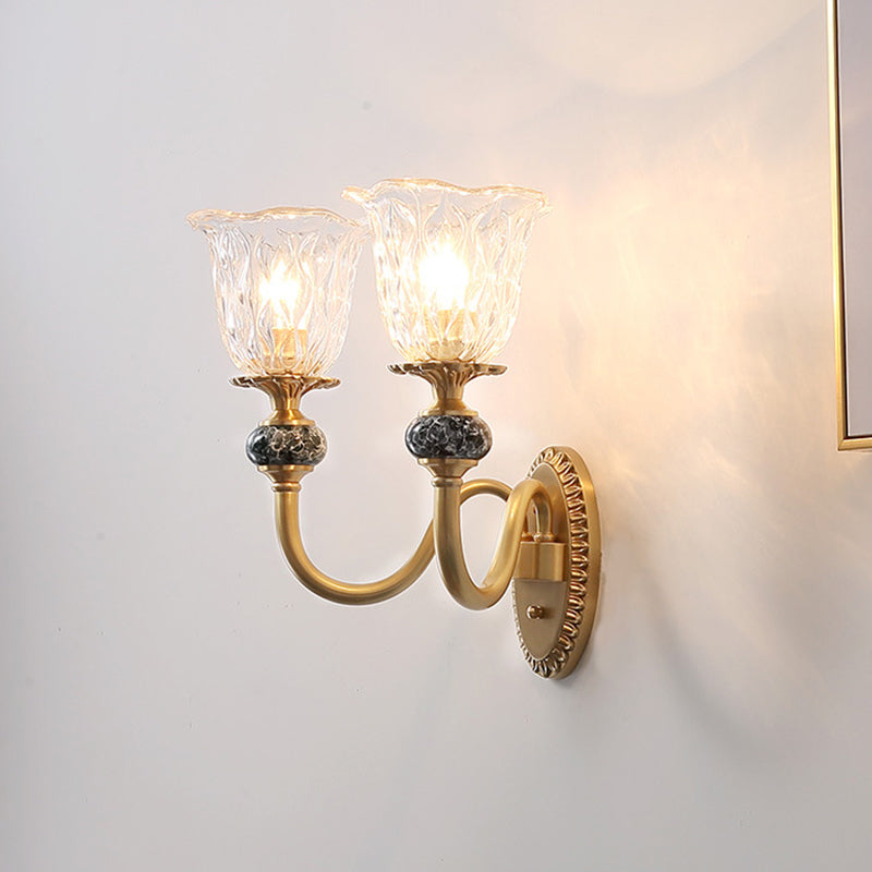 Floral Dining Room Wall Sconce Farmhouse Clear Ribbed Glass 6"/17" W 2 Lights Brass Wall Mounted Lighting
