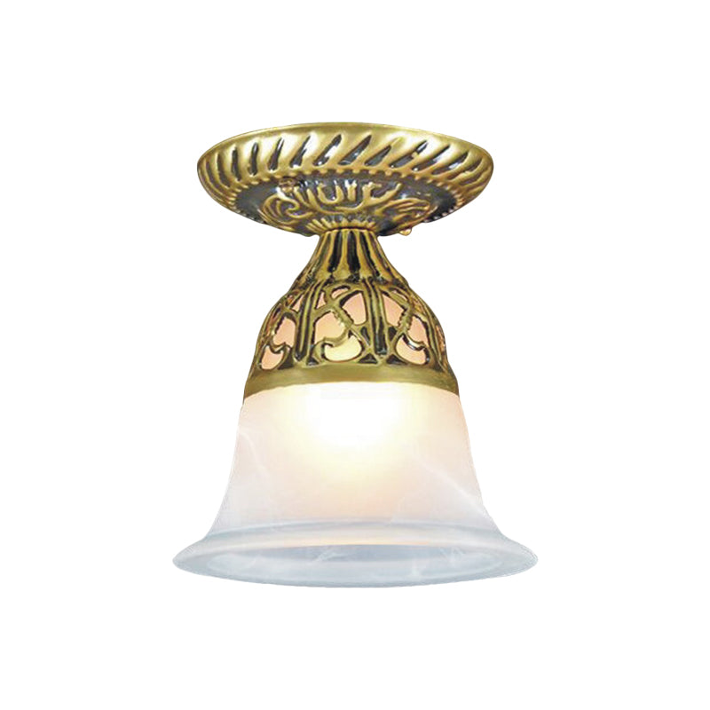 Bell Shape Hallway Flush Mount Lamp Farmhouse Frosted Glass 1-Head Brass Ceiling Light Fixture