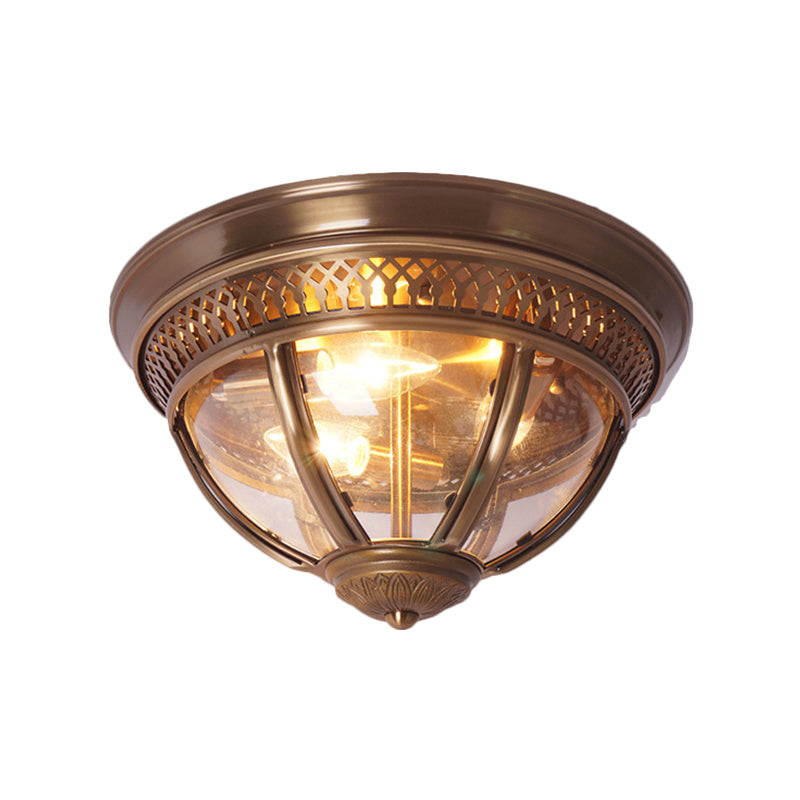 Antiqued Domed Semi Flush Lamp 1-Light Clear Glass Flush Mount Lighting with Pierced Trim Design in Brass/Brown