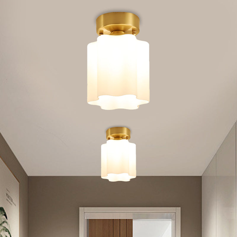 White Glass Brass Flush Lamp Scalloped/Shell/Trapezoid 1 Light Cottage Ceiling Mounted Lighting for Stairway