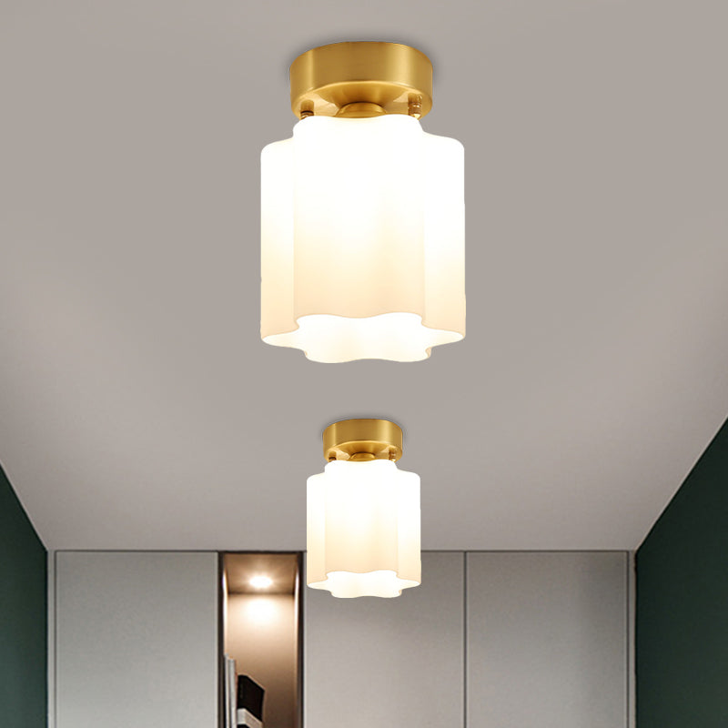 White Glass Brass Flush Lamp Scalloped/Shell/Trapezoid 1 Light Cottage Ceiling Mounted Lighting for Stairway