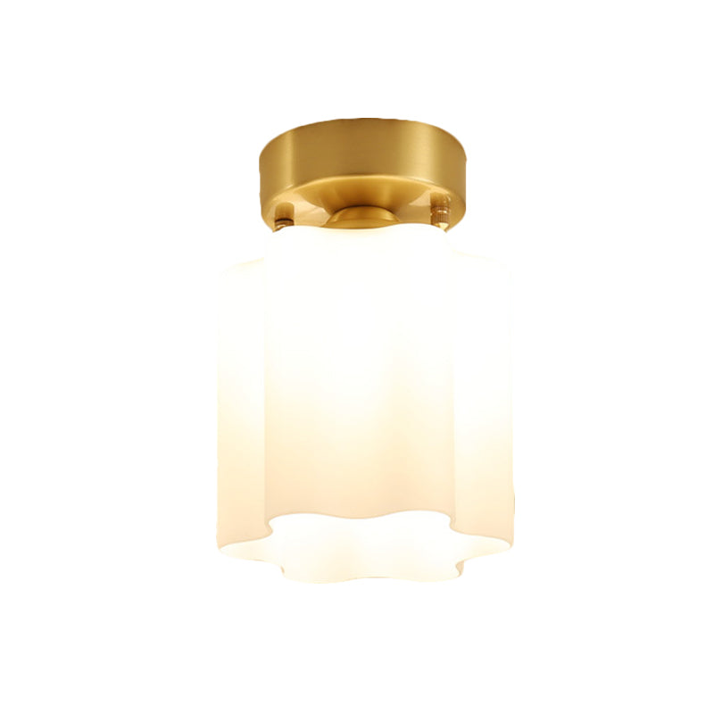 White Glass Brass Flush Lamp Scalloped/Shell/Trapezoid 1 Light Cottage Ceiling Mounted Lighting for Stairway