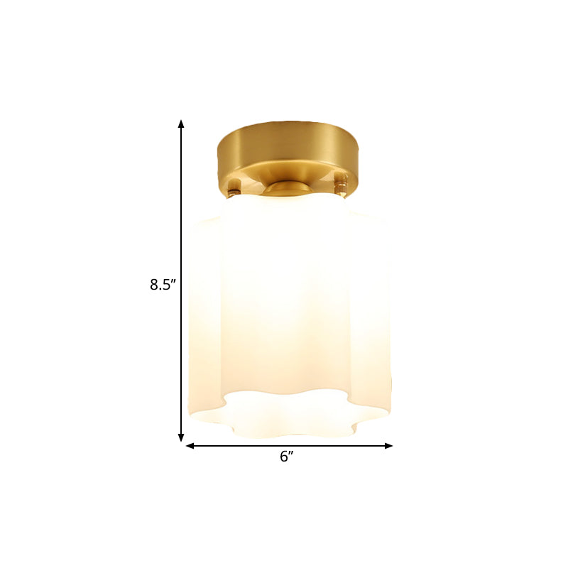 White Glass Brass Flush Lamp Scalloped/Shell/Trapezoid 1 Light Cottage Ceiling Mounted Lighting for Stairway