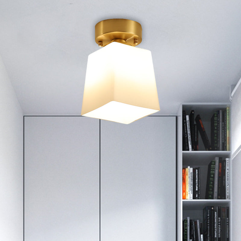 White Glass Brass Flush Lamp Scalloped/Shell/Trapezoid 1 Light Cottage Ceiling Mounted Lighting for Stairway