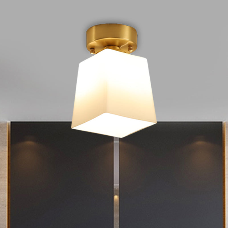 White Glass Brass Flush Lamp Scalloped/Shell/Trapezoid 1 Light Cottage Ceiling Mounted Lighting for Stairway