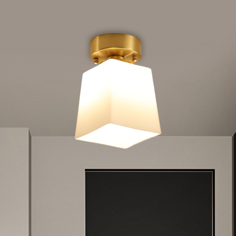 White Glass Brass Flush Lamp Scalloped/Shell/Trapezoid 1 Light Cottage Ceiling Mounted Lighting for Stairway
