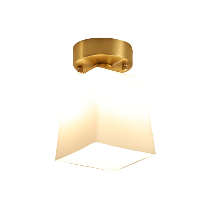 White Glass Brass Flush Lamp Scalloped/Shell/Trapezoid 1 Light Cottage Ceiling Mounted Lighting for Stairway