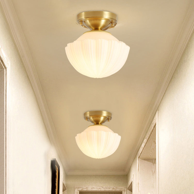 White Glass Brass Flush Lamp Scalloped/Shell/Trapezoid 1 Light Cottage Ceiling Mounted Lighting for Stairway