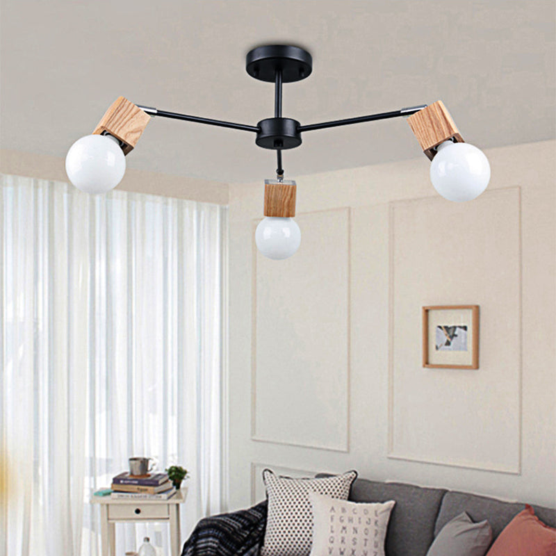 3/5-Light Ceiling Lamp Loft Industrial Open Bulb Metal Semi Flush Light in Wood for Bedroom