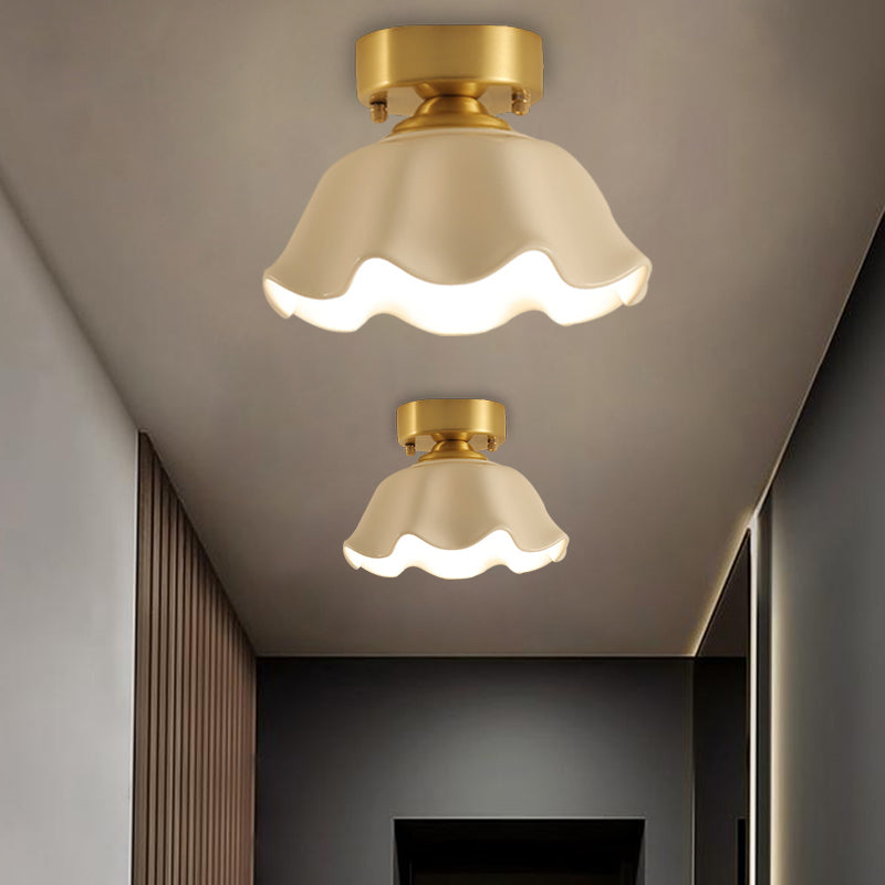 White Glass Brass Flush Lamp Scalloped/Shell/Trapezoid 1 Light Cottage Ceiling Mounted Lighting for Stairway