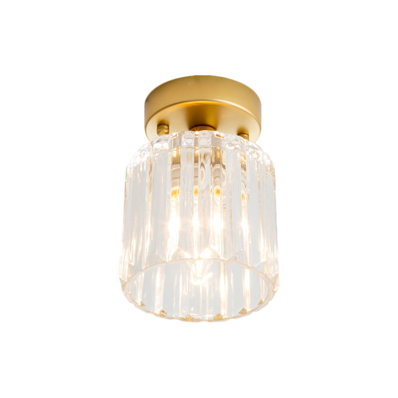 Farmhouse Cylindrical Ceiling Flush Single Head Clear Ridged Glass Flush Light Fixture in Brass