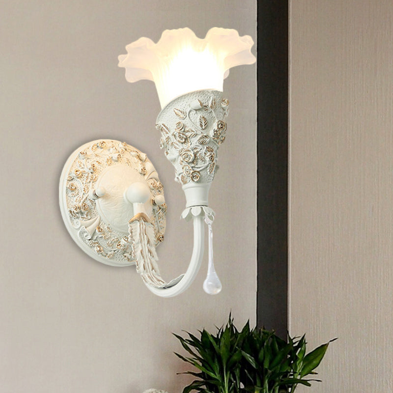Blossom Bedroom Sconce Light Farmhouse Frosted Glass 1-Bulb Silver/Ivory Curved Arm Wall Mount Lamp with Crystal Drop Decor