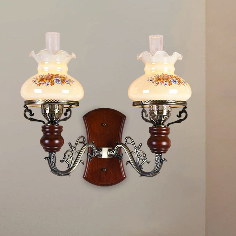 Brass 2 Bulbs Wall Sconce Light Traditional Opal Glass Purse-Like Wall Lighting Idea with Flower Pattern