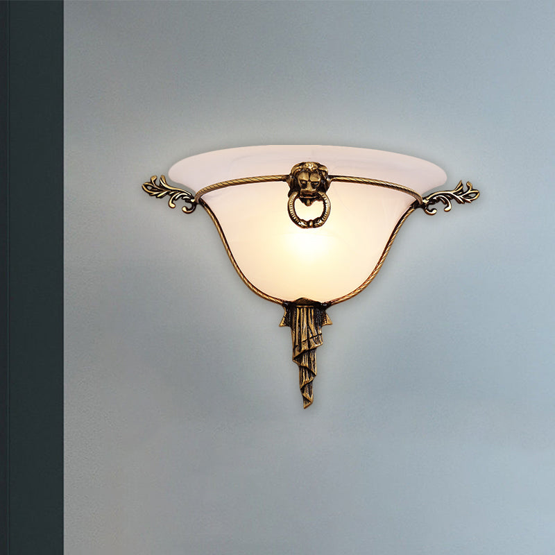 1-Head Domed Sconce Light Traditional Brass Frosted Glass Wall Mount Lighting for Corridor
