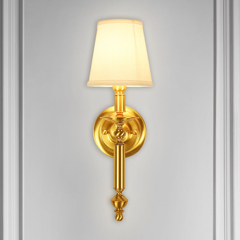 Tapered Bedroom Wall Lighting Country Fabric Single Light Brass Wall Mounted Lamp with Metallic Straight Arm