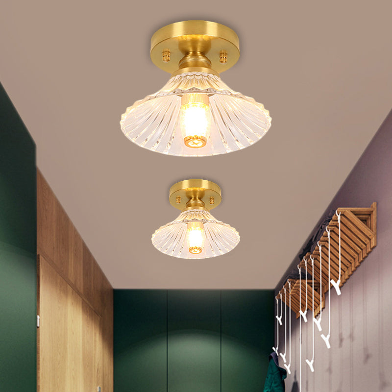 Soporte para el techo de un solo bulbo clásico cono/hoja de loto/hoja de loto/Iluminación de montaje de cristal con flujo-latentice en Brass, 7,5 "/8" /9 "