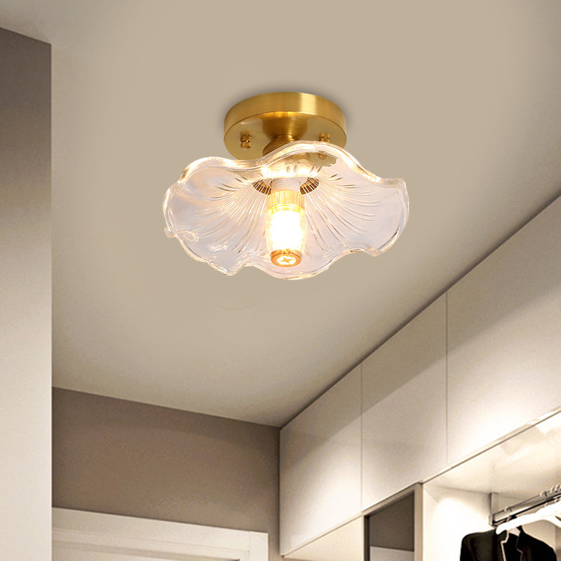 Soporte para el techo de un solo bulbo clásico cono/hoja de loto/hoja de loto/Iluminación de montaje de cristal con flujo-latentice en Brass, 7,5 "/8" /9 "