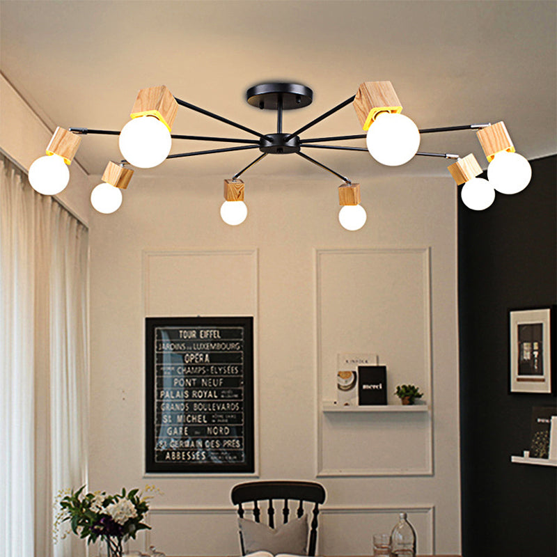 3/5-Light Ceiling Lamp Loft Industrial Open Bulb Metal Semi Flush Light in Wood for Bedroom