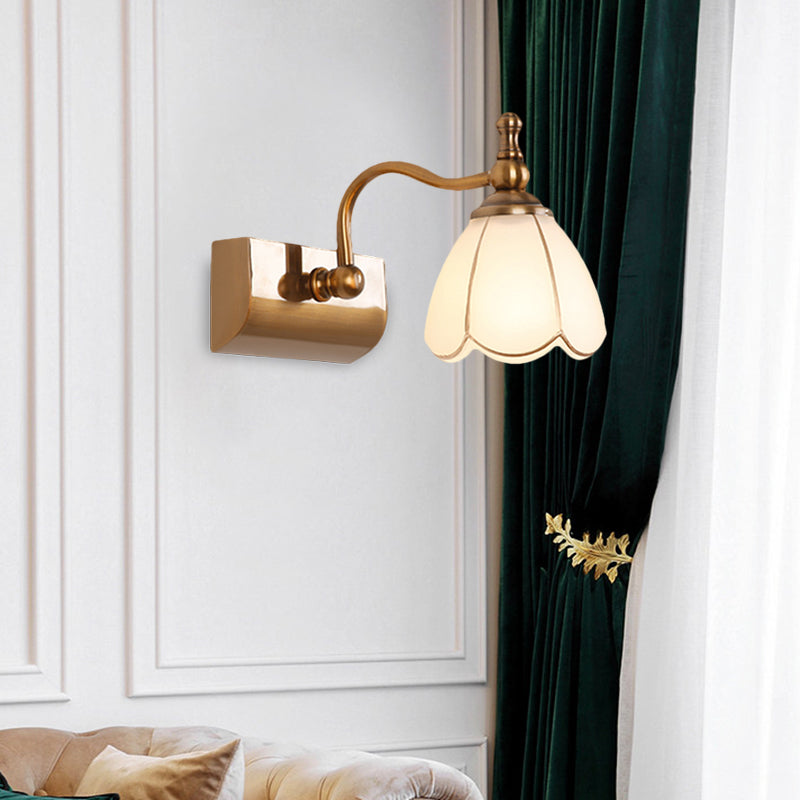 White Glass Brass Vanity Lamp Scalloped 1/2-Light Rustic Style Wall Mounted Lighting with Curved Arm