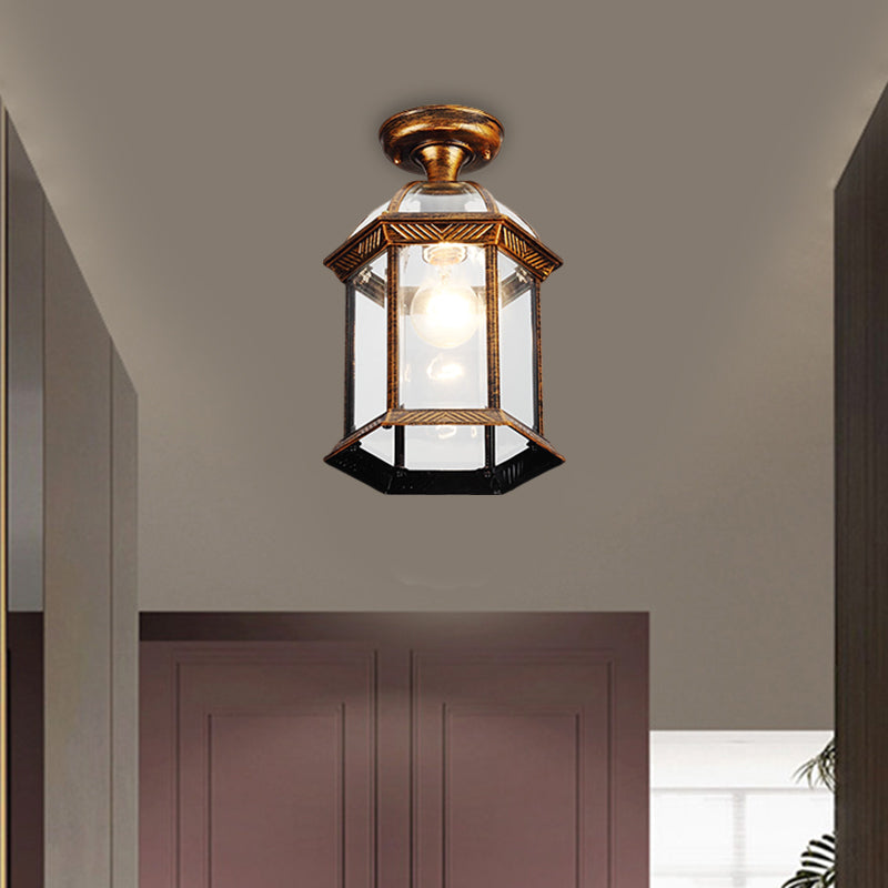 Clear Glass Black/Brass Ceiling Flush Lantern Cage Single Bulb Traditional Semi Mount Lighting, 8"/9.5" Wide