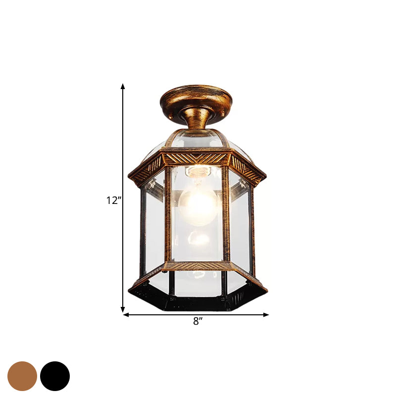Lanterne de plafond en verre transparent noir/laiton, éclairage semi-montage traditionnel à ampoule unique, 8"/9,5" de large