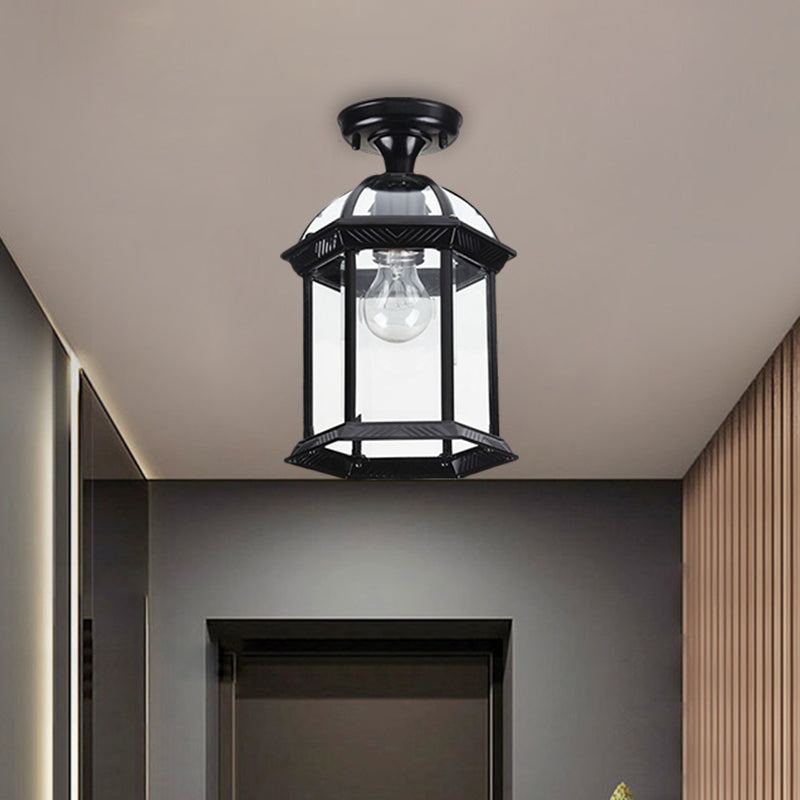 Clear Glass Black/Brass Ceiling Flush Lantern Cage Single Bulb Traditional Semi Mount Lighting, 8"/9.5" Wide