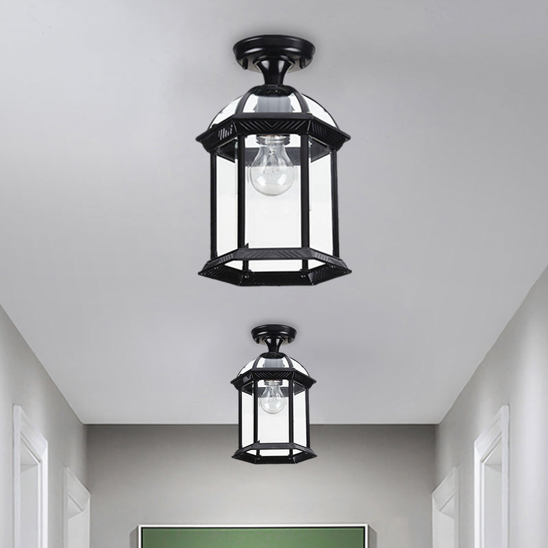 Clear Glass Black/Brass Ceiling Flush Lantern Cage Single Bulb Traditional Semi Mount Lighting, 8"/9.5" Wide
