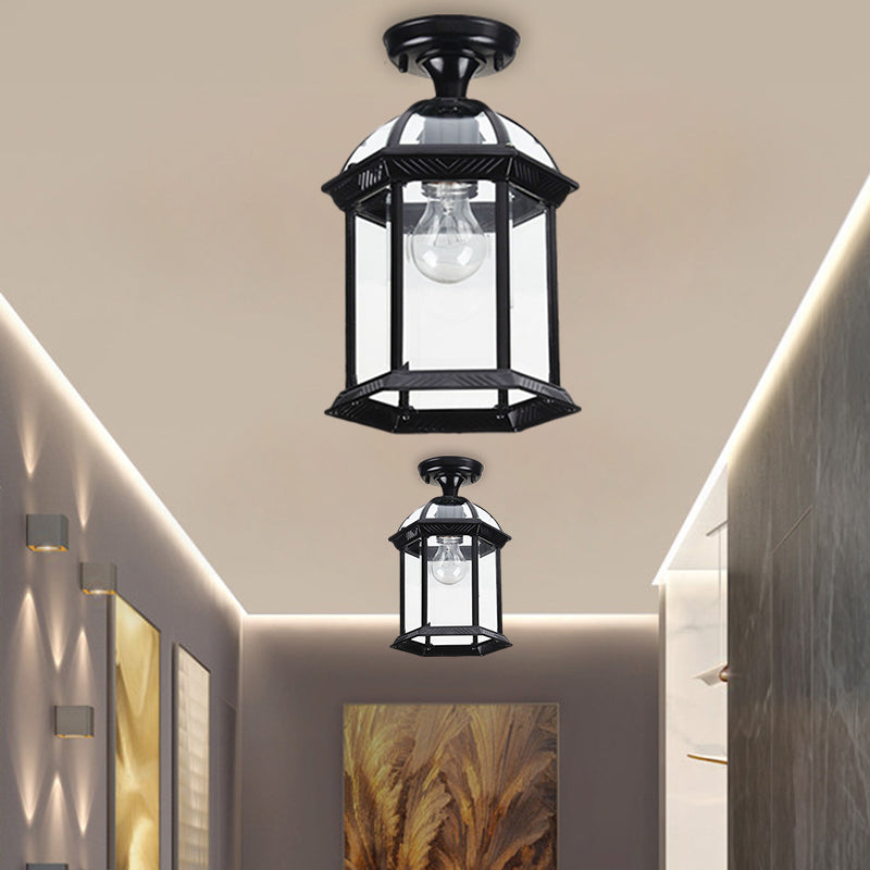 Clear Glass Black/Brass Ceiling Flush Lantern Cage Single Bulb Traditional Semi Mount Lighting, 8"/9.5" Wide