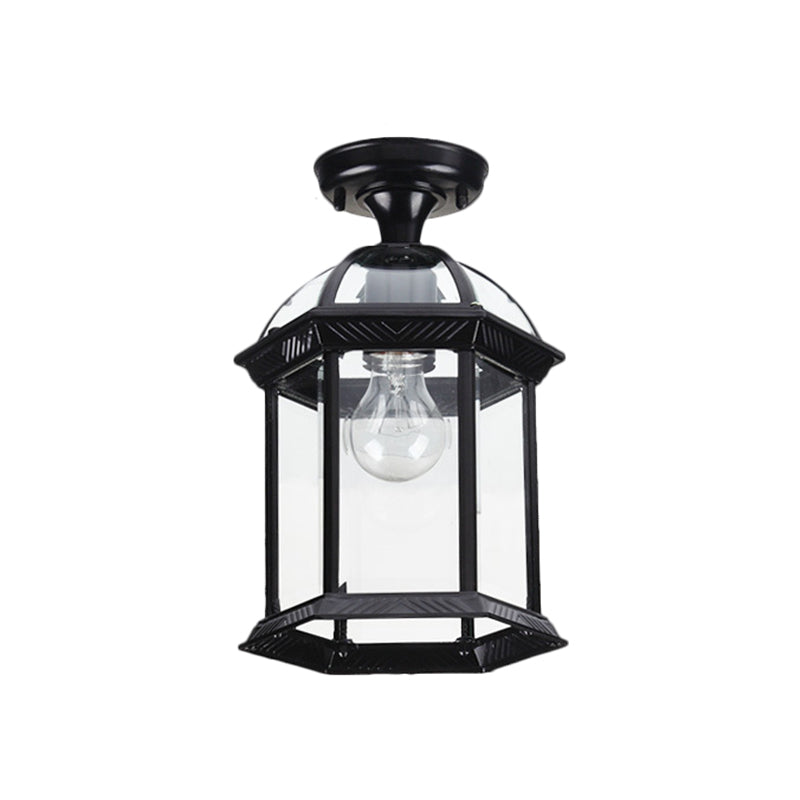 Clear Glass Black/Brass Ceiling Flush Lantern Cage Single Bulb Traditional Semi Mount Lighting, 8"/9.5" Wide