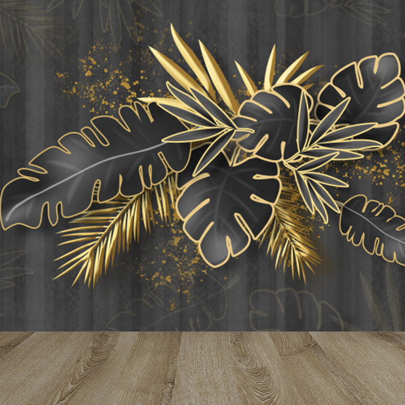 Botanical Leaf Pattern Mural Wallpaper Gold Tropical Wall Covering for Living Room